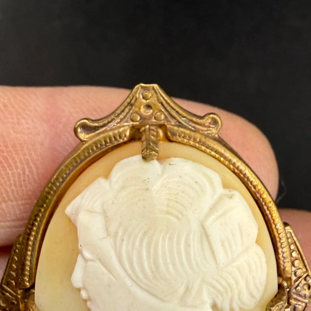 Vintage Cameo Brooch Gold Tone Carved Shell